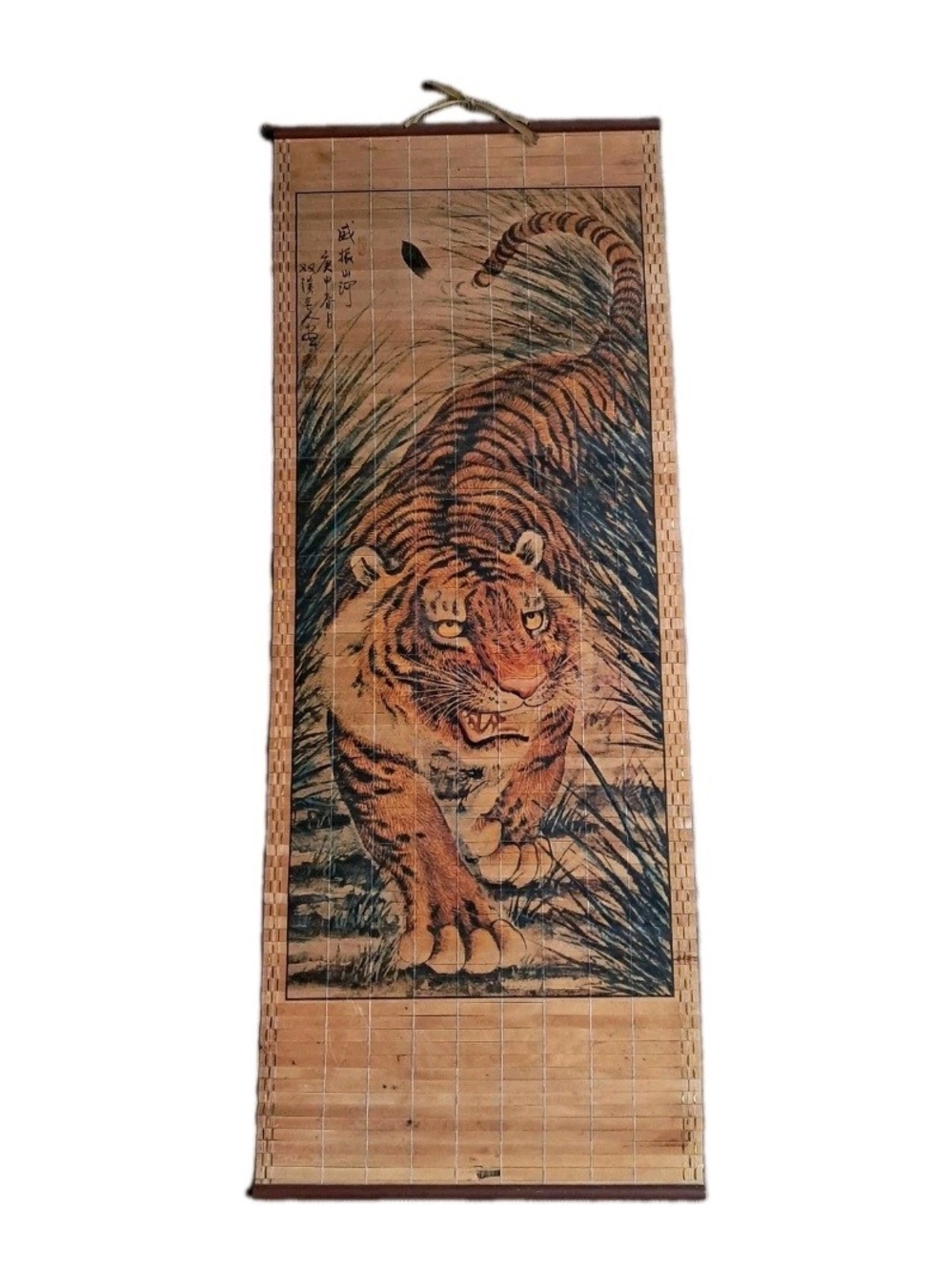 Hand-Painted Tiger Bamboo Wall Scroll - Brown and Black